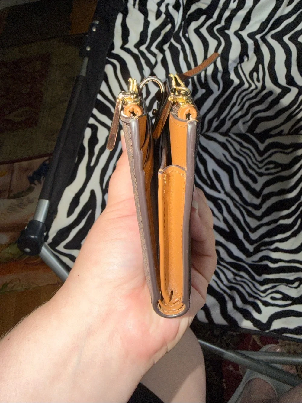 Michael Kors Brown Wristlet with Blue and Light Blue Stripes